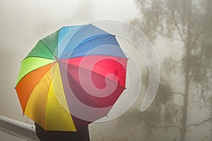 Rainbow colored umbrella on foggy rainy day in autumn