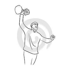 Man holding and raising champion trophy vector illustration sketch doodle hand drawn with black lines isolated on white background