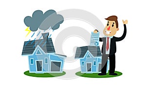 Man Holding Real Estate Insurance Paper Vector Illustration Set