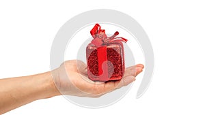 Man holding a red gift box on a white background