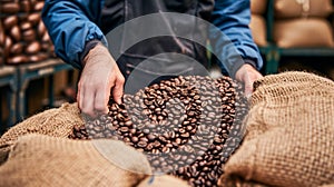 A man holding a sack of coffee beans in his hands, AI