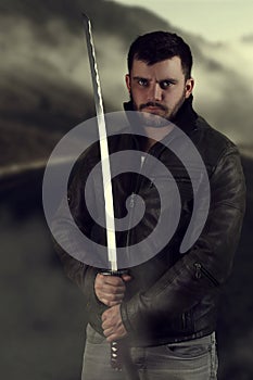 Man holding a samurai`s sword. Book cover design