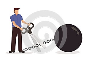 Man holding scissors to cut metal chain. Concept of debt free or cutting away bad habit