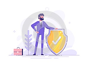 Man is holding a shield covering from attacks. Protection, insurance, from business dangers concept. Modern vector illustration