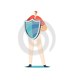 Man Holding Shield Covering From Cyber or Virus Attack. Data Base Protection, Health, Life or Business Insurance Concept