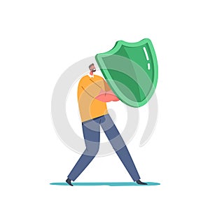 Man Holding Shield Covering From Cyber or Virus Attack. Data Base Protection, Health, Life or Business Insurance Concept