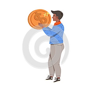 Man Holding Shiny Dollar Coin as Earning Gaining Vector Illustration