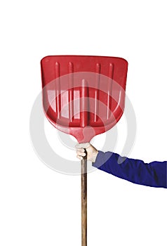 Man holding the shovel on the white background