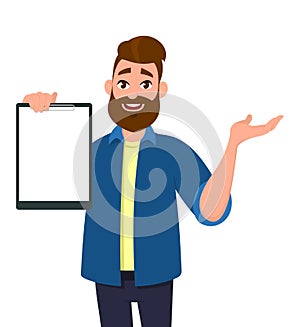 Man holding/showing a blank clipboard, report, record, document and gesturing hand. Human emotion and body language concept.