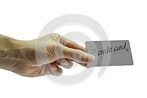 Man holding showing credit card on white background