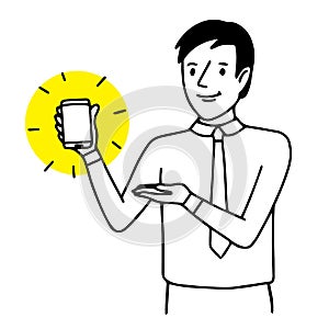 Man holding and showing a smartphone. Situation illustration. Vector isolated drawing