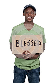 Man Holding Sign that says Blessed