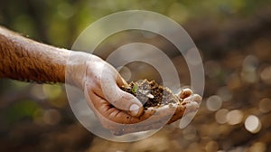 A man holding a small amount of dirt in his hand, AI photo