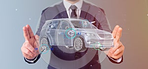 Man holding a Smartcar with checkings 3d rendering