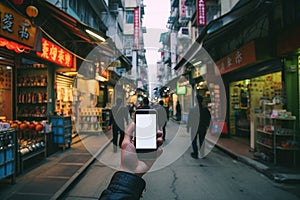 Man holding smartphone on asiatic street.