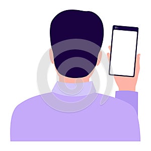 Man holding smartphone, back view. Male taking photo, selfie. Photo man on phone. Phone, Internet User. Vector illustration on