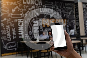 Man holding smartphone with blank screen.Blank screen mobile phone for graphic display montage.empty copy space for advertising