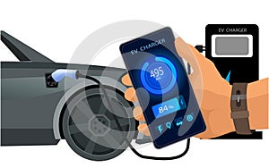 man holding smartphone display battery status interface by smart EV mobile application while EV car recharging electricity from