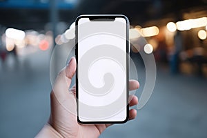 Man holding smartphone with empty, blank screen