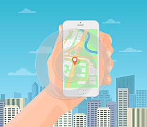 Man holding smartphone in hand with mobile gps navigation map on the modern city background. Vector illustration.