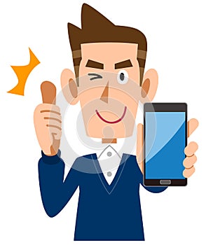 A man holding a smartphone and thumbing up