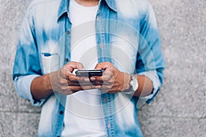 Man holding a smartphone. using cell phone on lifestyle. Technology for communication concept.