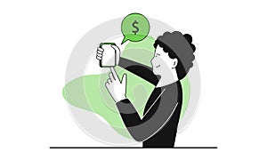 Man holding smartphone vector illustration concept. Business app on mobile and finance marketing online. Digital commerce and