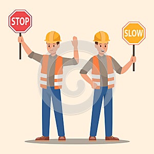 Man holding stop sign and slow sign. Vector design