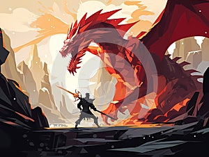 Man Holding A Sword Next To A Red Dragon