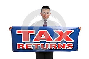 Man holding tax returns sign