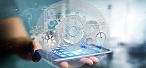 Man holding a technology gear wheel interface3d rendering
