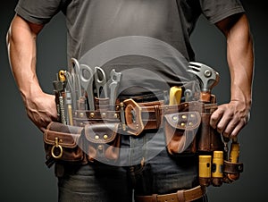 Man holding a tool belt with many tools on it