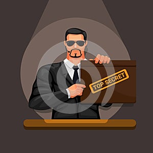 Man holding Top Secret folder case with spotlight on dark room avatar character symbol vector