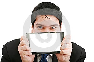 Man holding a touch pad