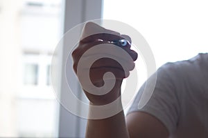 Man holding a touchpen