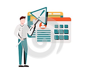 Man holding triangular warning sign with exclamation mark. Concept of fatal error, operating system failure, program crash,