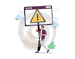 Man holding triangular warning sign with exclamation mark. Concept of fatal error, operating system failure, program