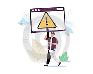 Man holding triangular warning sign with exclamation mark. Concept of fatal error, operating system failure, program.