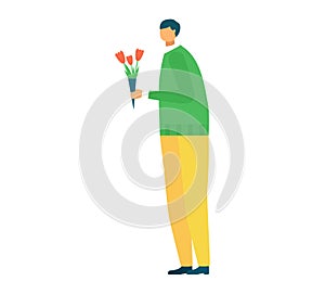 Man holding tulips, casual attire, modern flat style. Gentleman with flowers, gifting, cheerful moment vector