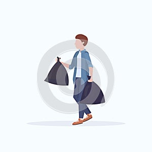 Man holding two garbage bags young guy housework concept male cartoon character full length flat