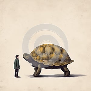 Minimalistic Surrealism: A Man With An Umbrella And A Tortoise