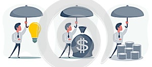 Man holding umbrella under rain to protect money. money protection, financial savings concpet. Illustration in flat