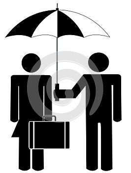 Man holding umbrella for woman