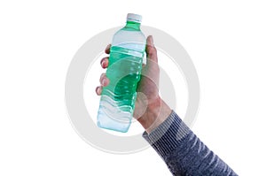 Man holding up a bottle of fresh water