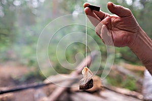 Man holding utilized tea bag after breakfast in forest. photo