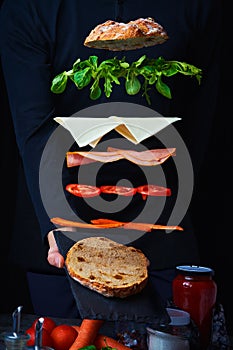 Man holding a vegetarian sandwich with the ingredients in levitation. Concept of healthy food. Vegetarian sandwich on the move