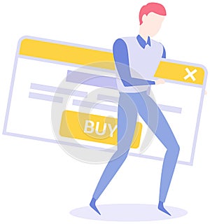 Man holding website page template for online shopping. Buy button, making purchase via Internet