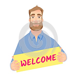 Man holding welcome sign