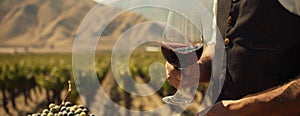 Man Holding Wine Glass in Front of Vineyard sommelier who is spinning