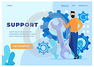 Man holding a wrench with gear wheels, tech support concept. Customer service page design for website